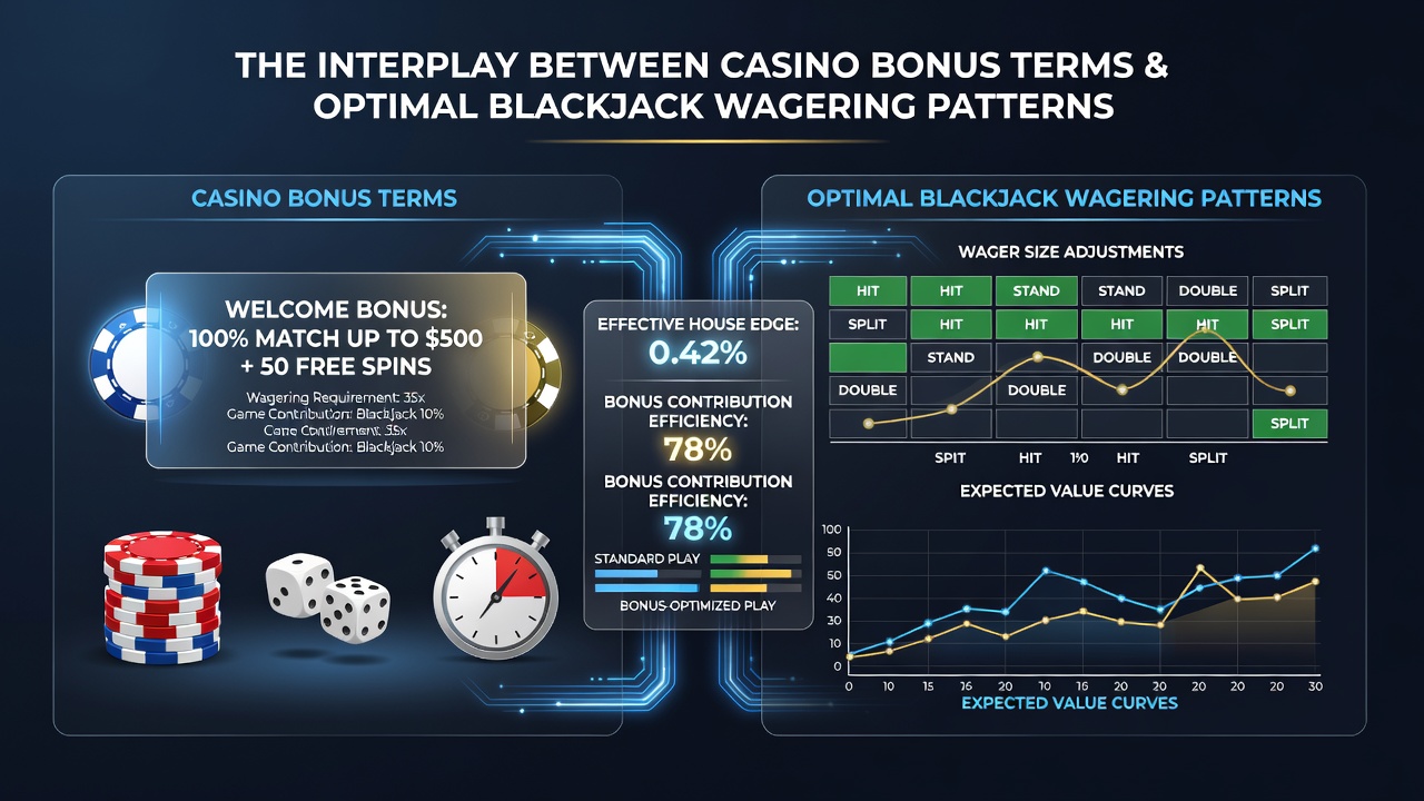 Digital interface displaying blackjack wagering patterns alongside bonus terms and playthrough tracker