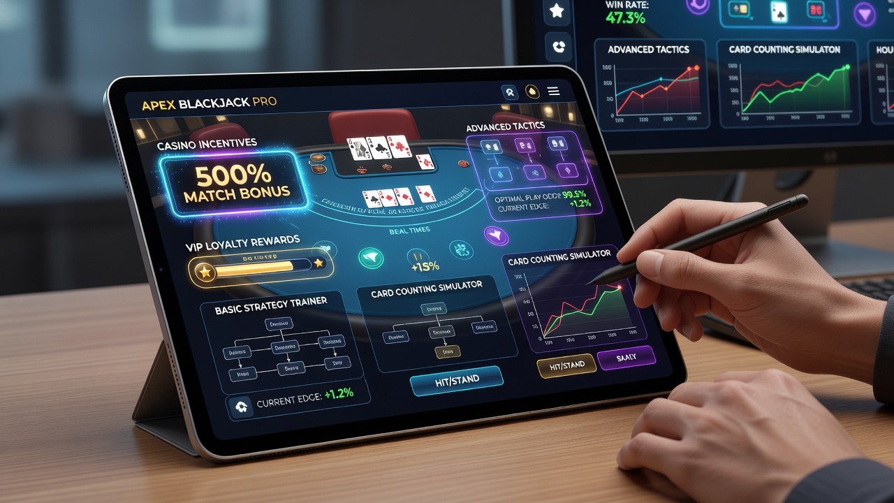 Player reviewing bonus terms on smartphone while studying blackjack strategy chart
